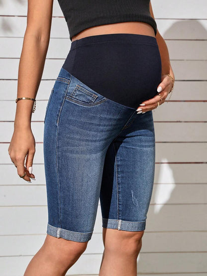 Maternity Solid Color Denim Shorts - Casual High Waist Pregnancy Fit