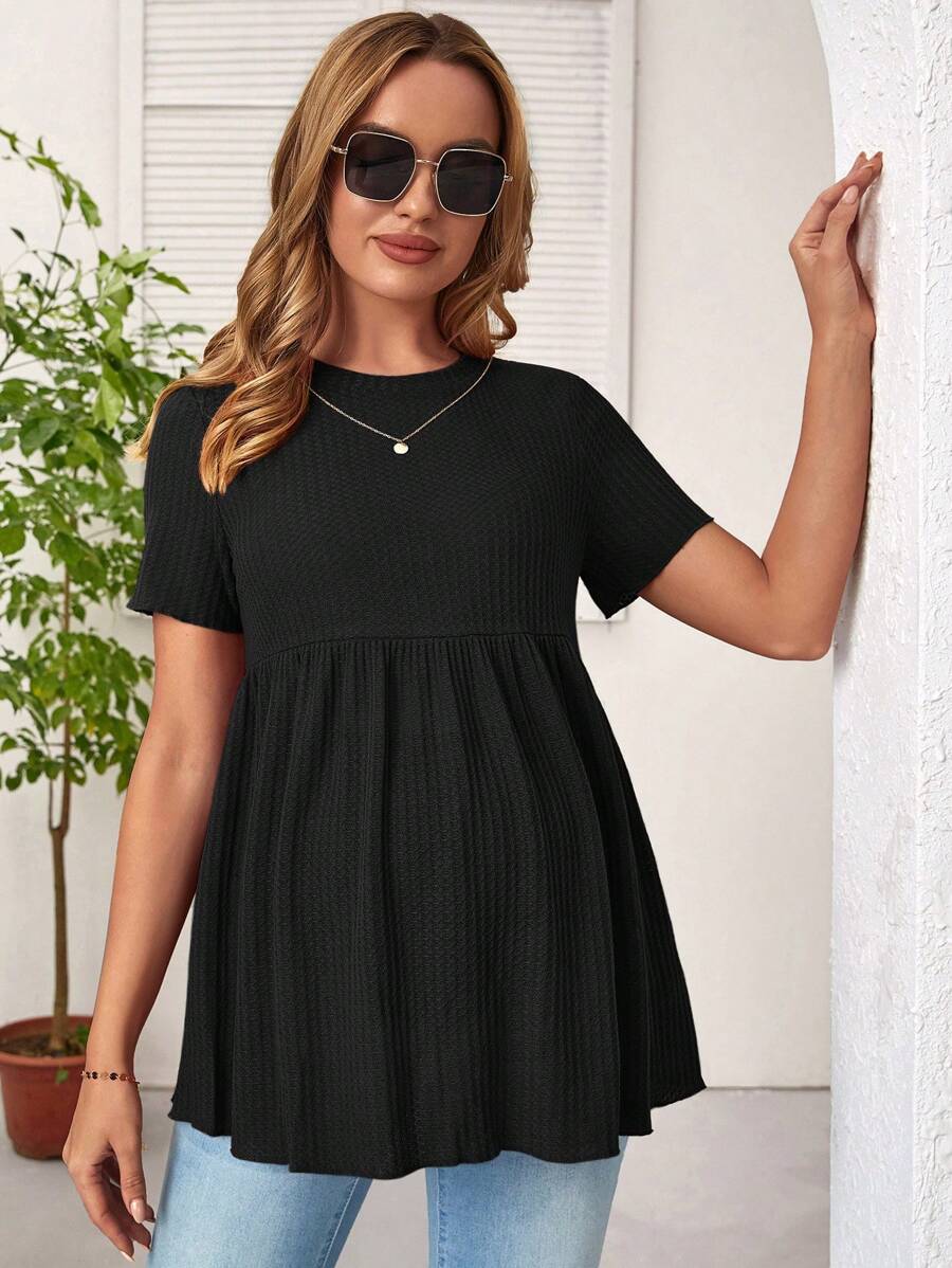 Army Green Maternity Waffle Knit Peplum Tee Short Sleeve Round Neck Ruffle Hem Maternity Top for Daily Wear Long Length Regular Fit