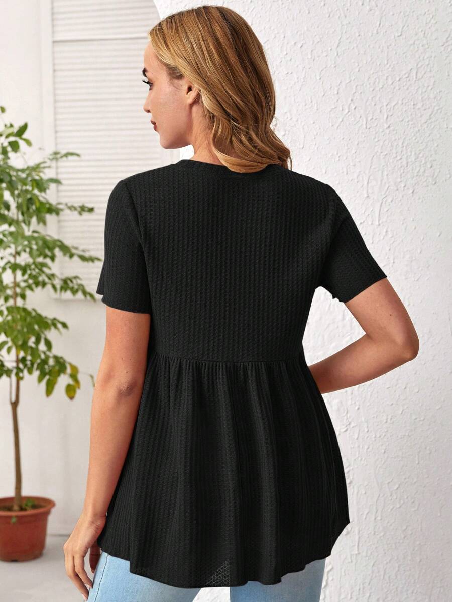 Army Green Maternity Waffle Knit Peplum Tee Short Sleeve Round Neck Ruffle Hem Maternity Top for Daily Wear Long Length Regular Fit