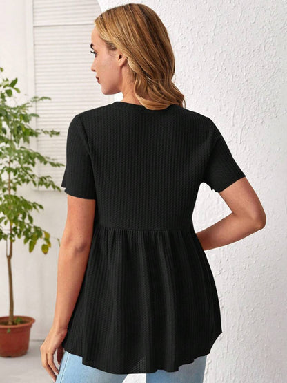 Army Green Maternity Waffle Knit Peplum Tee Short Sleeve Round Neck Ruffle Hem Maternity Top for Daily Wear Long Length Regular Fit