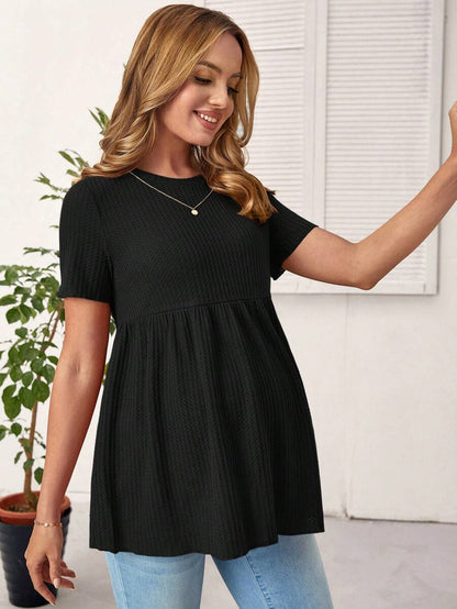 Army Green Maternity Waffle Knit Peplum Tee Short Sleeve Round Neck Ruffle Hem Maternity Top for Daily Wear Long Length Regular Fit