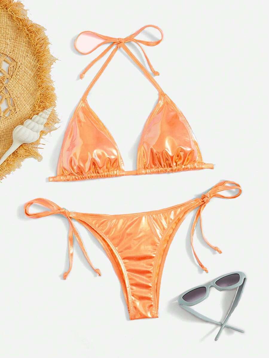Swim Vcay Solid Color Halter Twist Split Bikini Set For Summer Beach Vacation