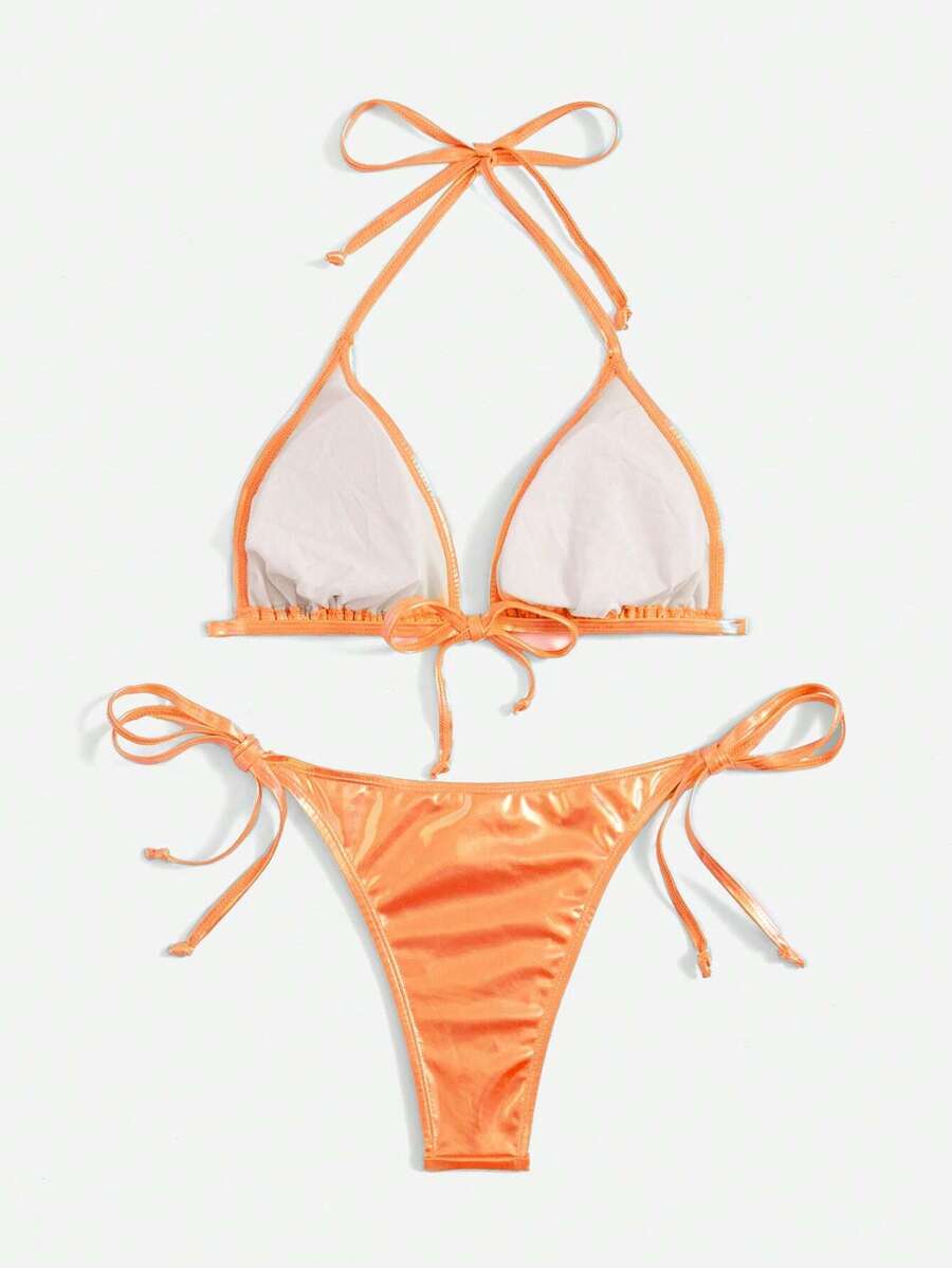 Swim Vcay Solid Color Halter Twist Split Bikini Set For Summer Beach Vacation