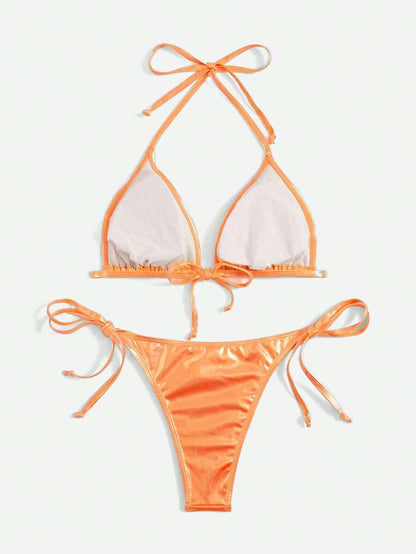 Swim Vcay Summer Beach Metallic Halter Triangle Tie Side Bikini Set