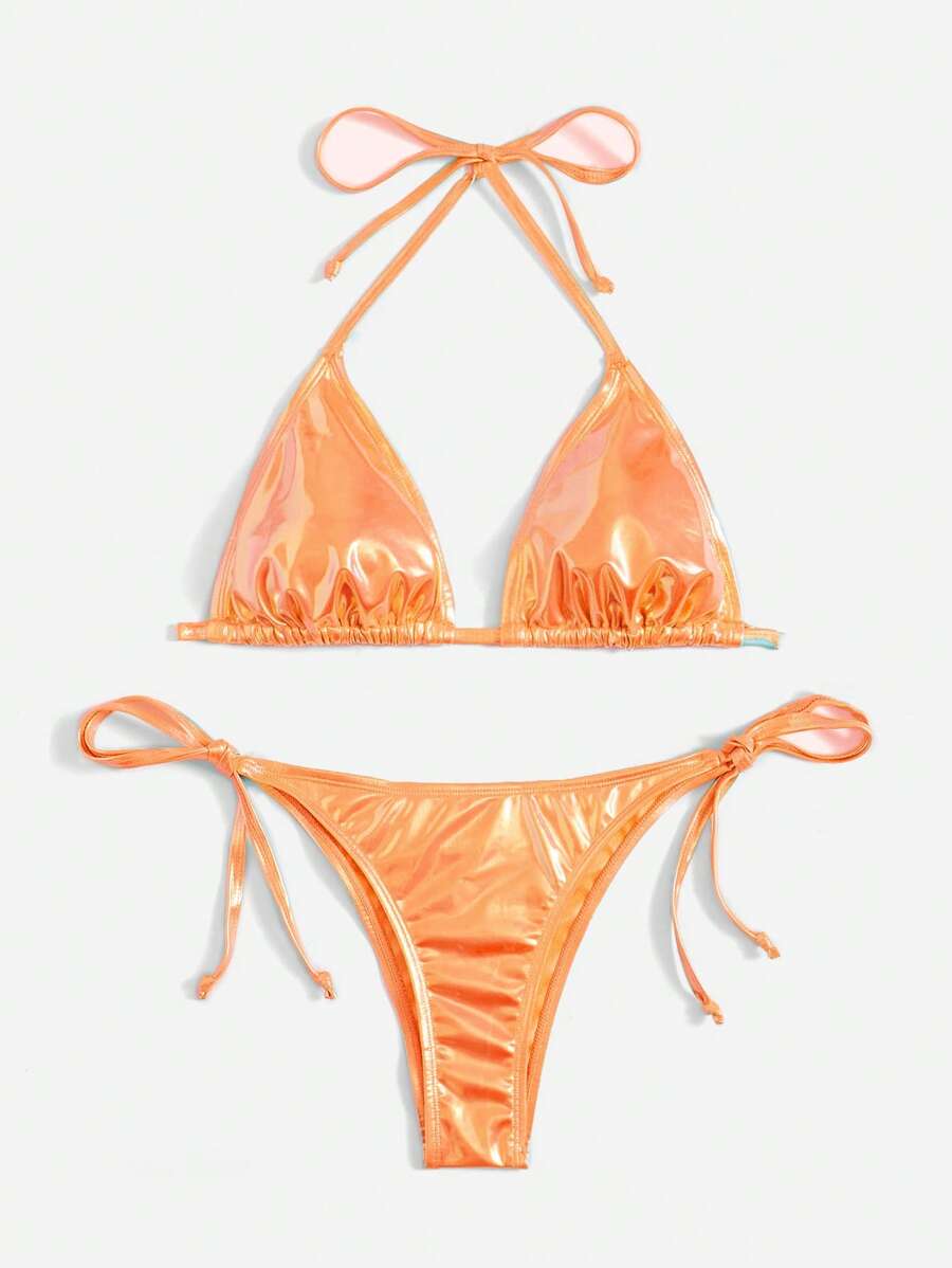 Swim Vcay Solid Color Halter Twist Split Bikini Set For Summer Beach Vacation