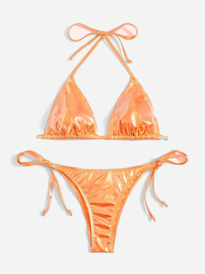 Swim Vcay Solid Color Halter Twist Split Bikini Set For Summer Beach Vacation