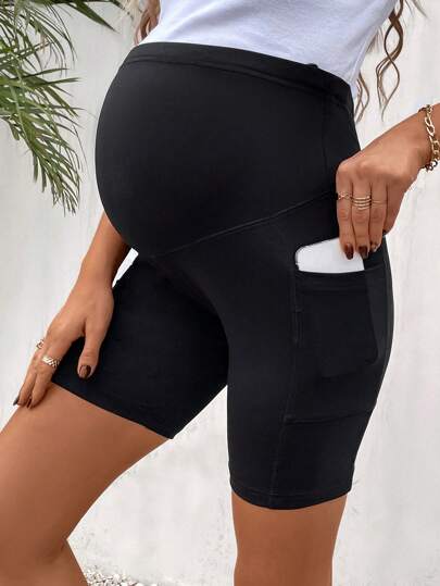 Maternity Wide Waistband Biker Shorts with Phone Pocket - High Stretch