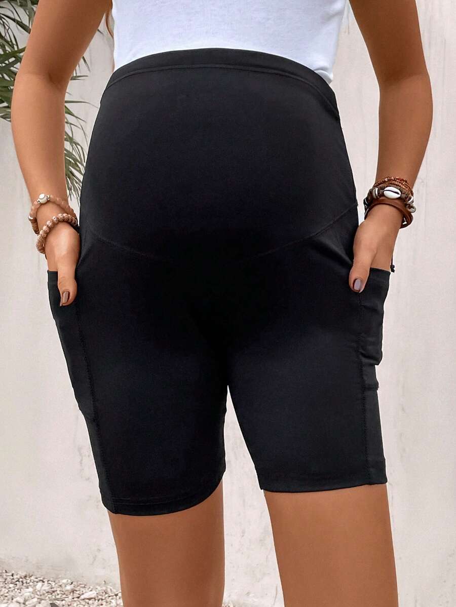 Maternity Wide Waistband Biker Shorts with Phone Pocket - High Stretch