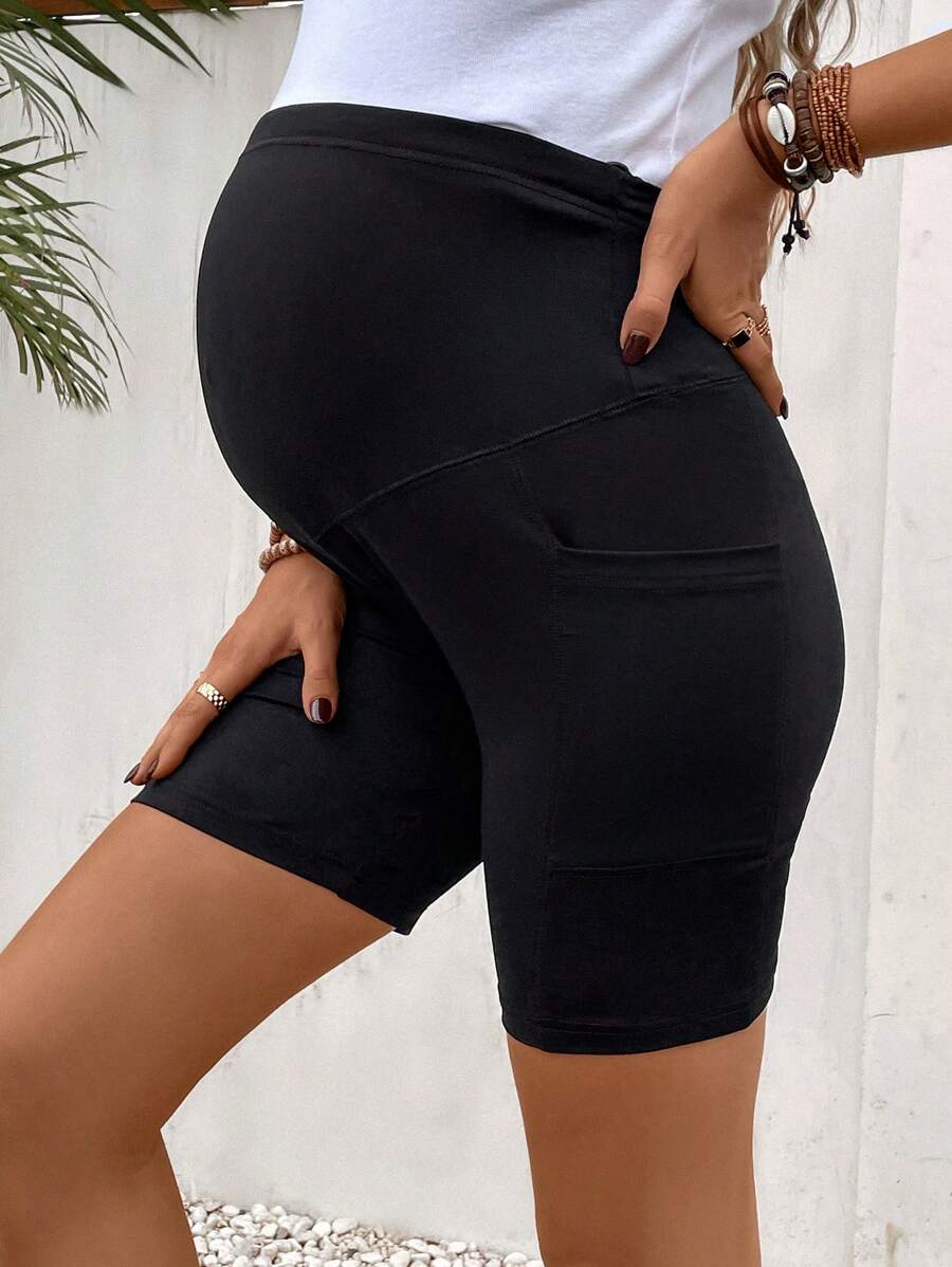 Maternity Wide Waistband Biker Shorts with Phone Pocket - High Stretch