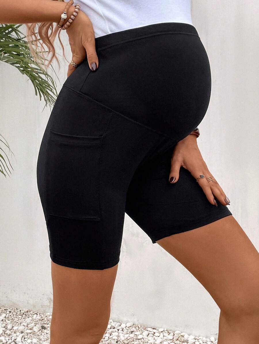 Maternity Wide Waistband Biker Shorts with Phone Pocket - High Stretch