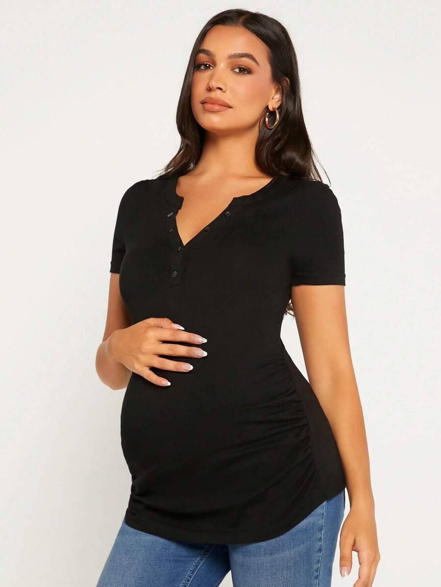 Maternity Slim Fit Short Sleeve White Cotton T-Shirt with Notched Neckline and Button Detail Casual Summer Streetwear Top