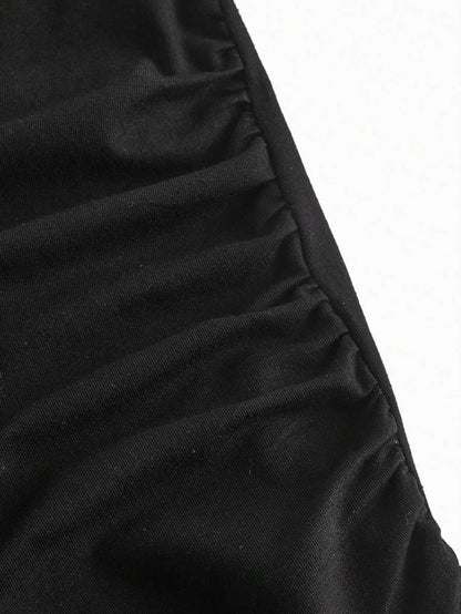 Maternity Half Button Notched Neck Ruched Side Tee Comfortable Cotton Short Sleeve Slim Fit Longline Pregnancy Top in Black