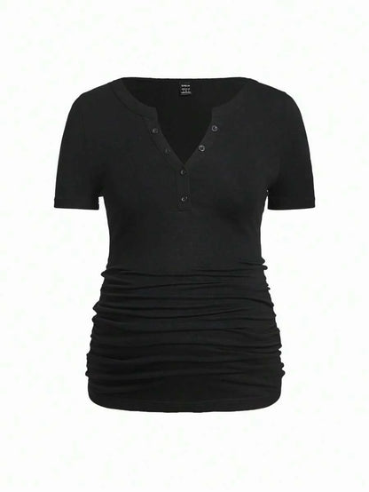 Maternity Half Button Notched Neck Ruched Side Tee Comfortable Cotton Short Sleeve Slim Fit Longline Pregnancy Top in Black