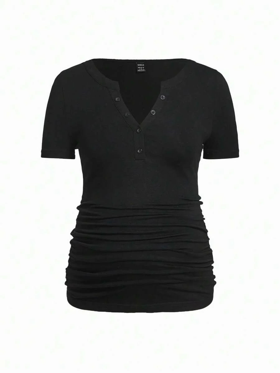 Maternity Slim Fit Short Sleeve White Cotton T-Shirt with Notched Neckline and Button Detail Casual Summer Streetwear Top