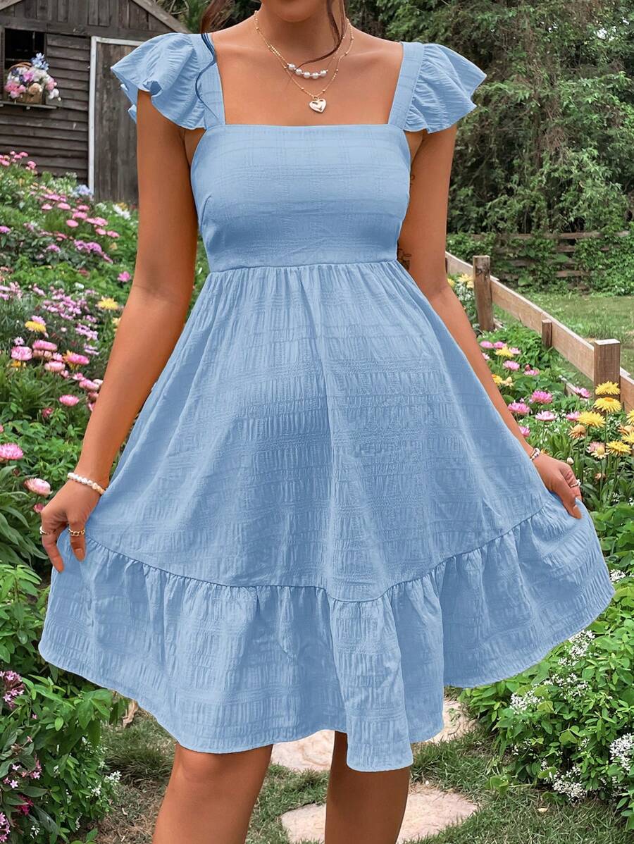 Maternity Casual Red Square Neck Tie Back Dress with Ruffle Hem and Flounce Sleeves for Baby Shower and Daily Wear