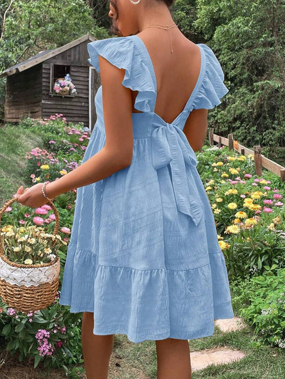 Maternity Casual Red Square Neck Tie Back Dress with Ruffle Hem and Flounce Sleeves for Baby Shower and Daily Wear