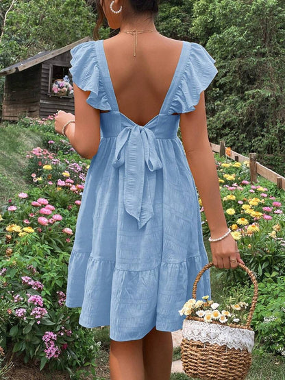 Maternity Casual Red Square Neck Tie Back Dress with Ruffle Hem and Flounce Sleeves for Baby Shower and Daily Wear