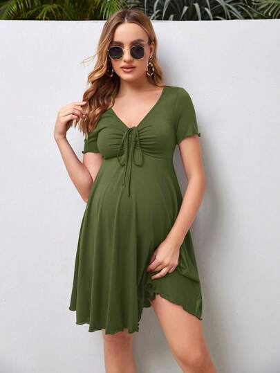 Army Green Maternity V Neck Ruched Drawstring A-Line Dress - Short Sleeve High Waist Flared Beach Mini Dress