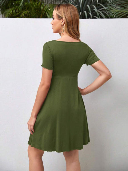 Army Green Maternity V Neck Ruched Drawstring A-Line Dress - Short Sleeve High Waist Flared Beach Mini Dress