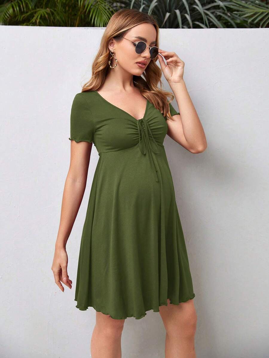 Maternity Drawstring Front Lettuce Trim Dress V-Neck Short Sleeve High Waist A-Line Flared Black Beach Sun Dress
