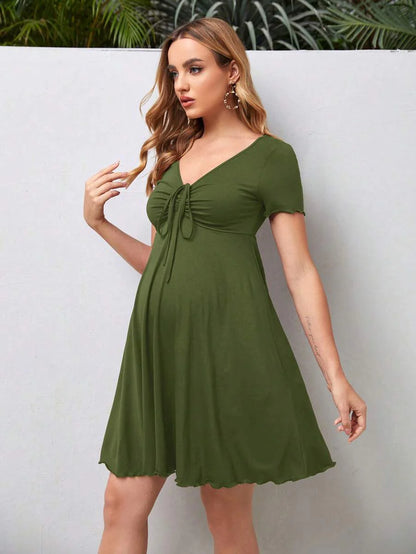 Maternity V-Neck Knot Front A-Line Dress - Short Sleeve Ruched High Waist Summer Dress for Daily Commute