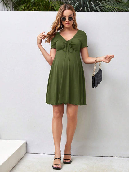 Maternity Drawstring Front Lettuce Trim Dress V-Neck Short Sleeve High Waist A-Line Flared Black Beach Sun Dress