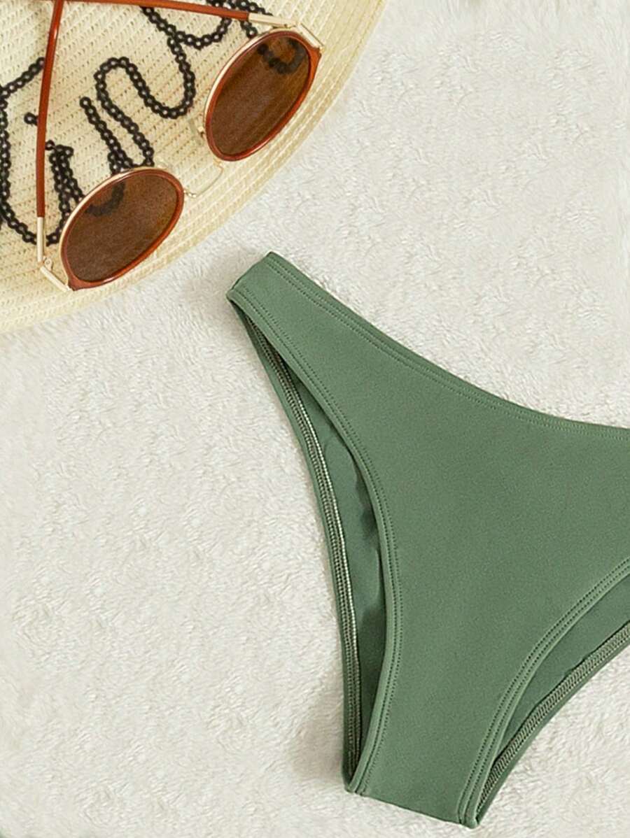 Swim Vcay Summer Beach Plain Ribbed Knit Bikini Bottom