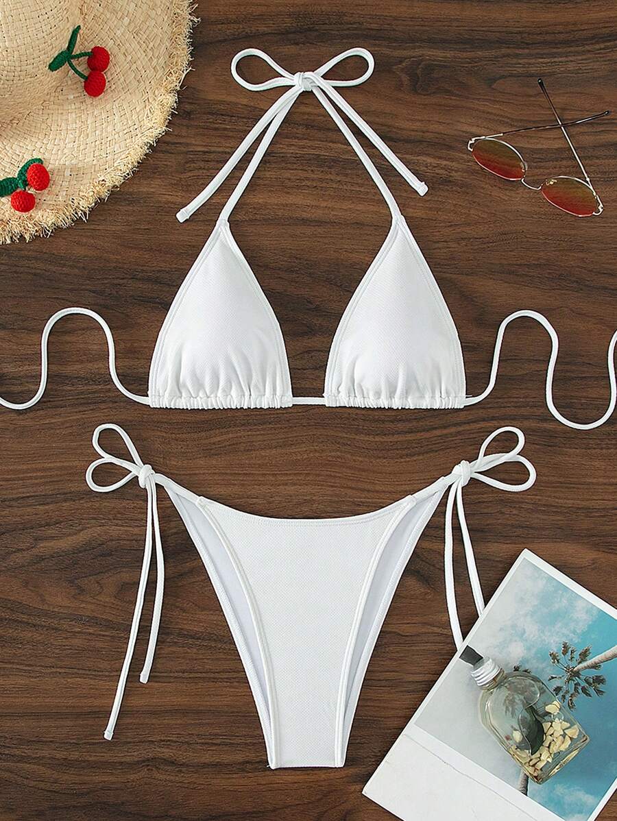 Swim Vcay 2026 Spring/Summer Green Special Fabric Women's Swimwear, Spaghetti Strap Halter Solid Color Sexy Side Tie Thong Bikini Two-Piece Swimwear Teal Bikini Tie Bikini Set Textured Bikini Triangle Bikini Triangle Bikini Set