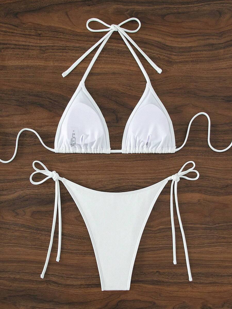 Swim Vcay 2026 Spring/Summer Green Special Fabric Women's Swimwear, Spaghetti Strap Halter Solid Color Sexy Side Tie Thong Bikini Two-Piece Swimwear Teal Bikini Tie Bikini Set Textured Bikini Triangle Bikini Triangle Bikini Set