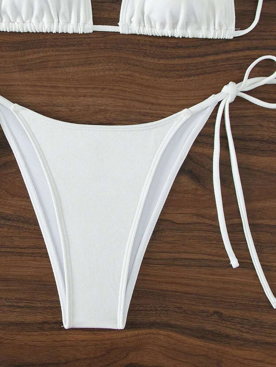 Swim Vcay 2026 Spring/Summer Green Special Fabric Women's Swimwear, Spaghetti Strap Halter Solid Color Sexy Side Tie Thong Bikini Two-Piece Swimwear Teal Bikini Tie Bikini Set Textured Bikini Triangle Bikini Triangle Bikini Set