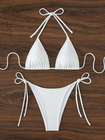Swim Vcay 2026 Spring/Summer Green Special Fabric Women's Swimwear, Spaghetti Strap Halter Solid Color Sexy Side Tie Thong Bikini Two-Piece Swimwear Teal Bikini Tie Bikini Set Textured Bikini Triangle Bikini Triangle Bikini Set
