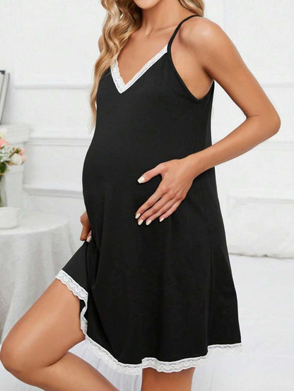 Maternity Lace Contrast Cami Nightdress Women Pajama Dress Breastfeeding Sleepwear