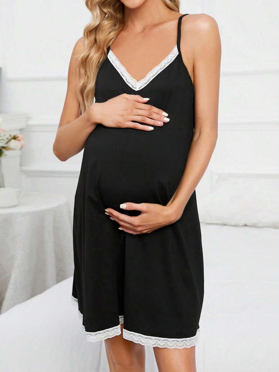 Maternity Lace Contrast Cami Nightdress Women Pajama Dress Breastfeeding Sleepwear