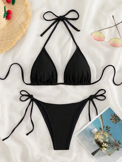 Swim Vcay 2026 Spring/Summer Green Special Fabric Women's Swimwear, Spaghetti Strap Halter Solid Color Sexy Side Tie Thong Bikini Two-Piece Swimwear Teal Bikini Tie Bikini Set Textured Bikini Triangle Bikini Triangle Bikini Set