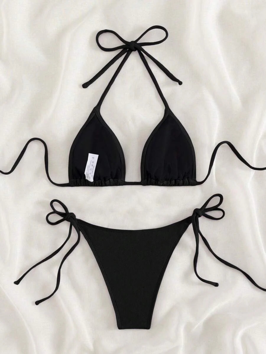 Swim Vcay 2026 Spring/Summer Green Special Fabric Women's Swimwear, Spaghetti Strap Halter Solid Color Sexy Side Tie Thong Bikini Two-Piece Swimwear Teal Bikini Tie Bikini Set Textured Bikini Triangle Bikini Triangle Bikini Set