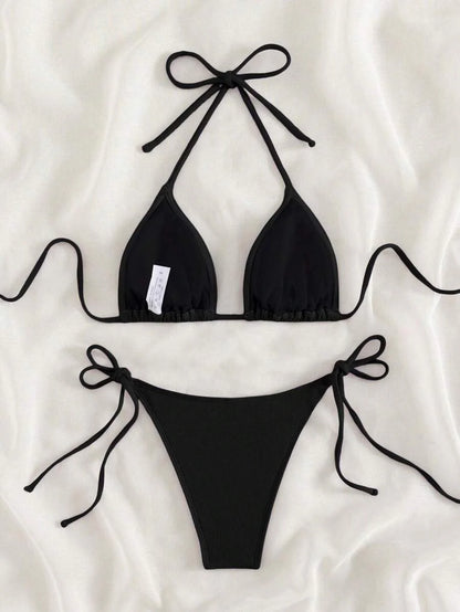Swim Vcay 2026 Spring/Summer Green Special Fabric Women's Swimwear, Spaghetti Strap Halter Solid Color Sexy Side Tie Thong Bikini Two-Piece Swimwear Teal Bikini Tie Bikini Set Textured Bikini Triangle Bikini Triangle Bikini Set