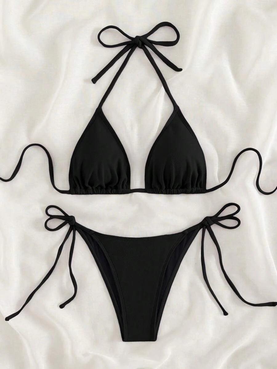 Swim Vcay 2026 Spring/Summer Green Special Fabric Women's Swimwear, Spaghetti Strap Halter Solid Color Sexy Side Tie Thong Bikini Two-Piece Swimwear Teal Bikini Tie Bikini Set Textured Bikini Triangle Bikini Triangle Bikini Set