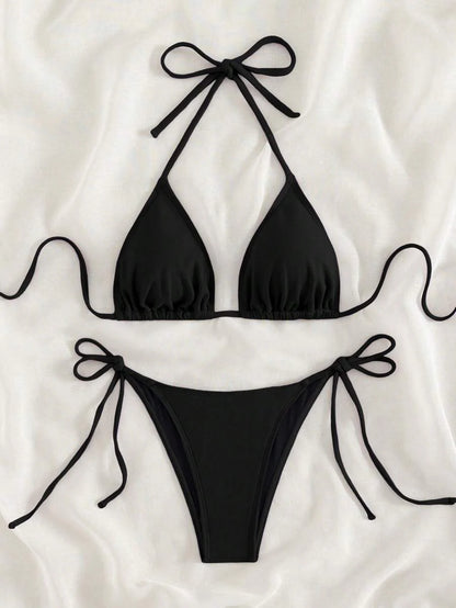 Swim Vcay 2026 Spring/Summer Green Special Fabric Women's Swimwear, Spaghetti Strap Halter Solid Color Sexy Side Tie Thong Bikini Two-Piece Swimwear Teal Bikini Tie Bikini Set Textured Bikini Triangle Bikini Triangle Bikini Set