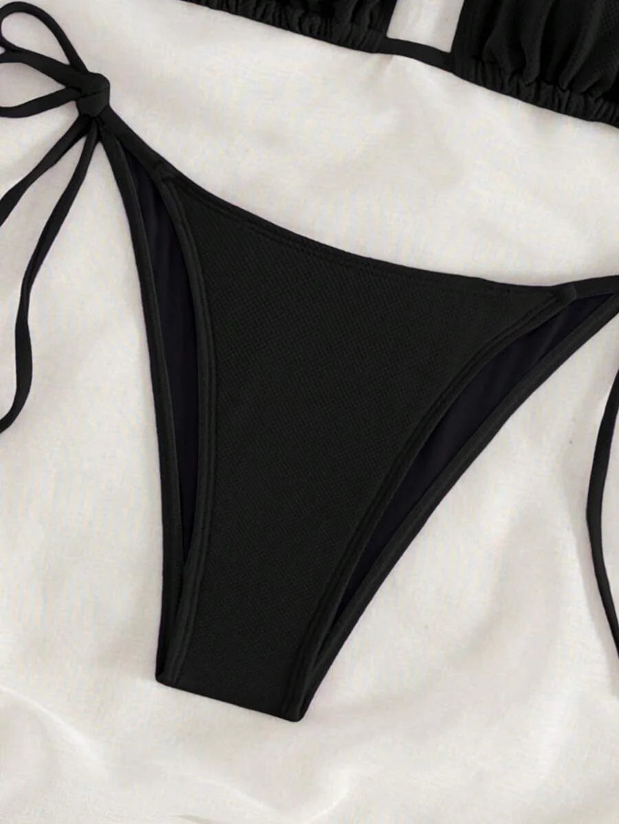 Swim Vcay 2026 Spring/Summer Green Special Fabric Women's Swimwear, Spaghetti Strap Halter Solid Color Sexy Side Tie Thong Bikini Two-Piece Swimwear Teal Bikini Tie Bikini Set Textured Bikini Triangle Bikini Triangle Bikini Set