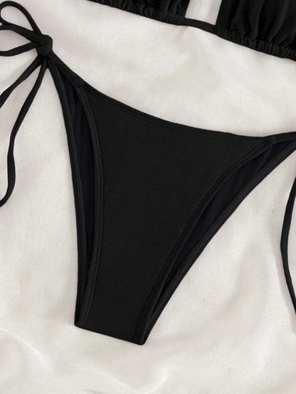 Swim Vcay 2026 Spring/Summer Green Special Fabric Women's Swimwear, Spaghetti Strap Halter Solid Color Sexy Side Tie Thong Bikini Two-Piece Swimwear Teal Bikini Tie Bikini Set Textured Bikini Triangle Bikini Triangle Bikini Set