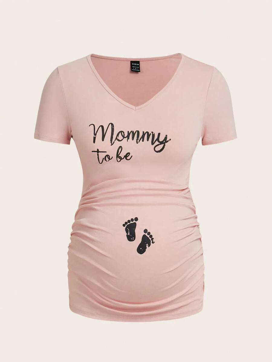 Baby Pink Maternity Ruched Graphic Crop Tee Slim Fit V Neck Cotton Short Sleeve Cartoon Print Pregnancy T Shirt