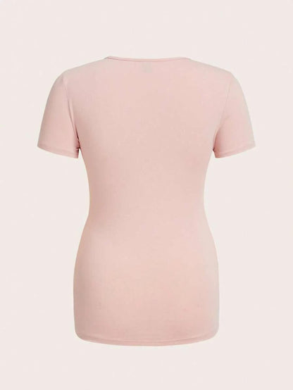 Baby Pink Maternity Ruched Graphic Crop Tee Slim Fit V Neck Cotton Short Sleeve Cartoon Print Pregnancy T Shirt