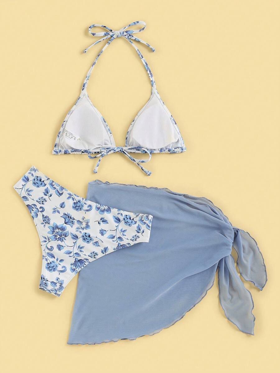Women's 3-Piece Shell Print Bikini Set - V-Neck Halter, Triangle, Side Tie Skirt, Multicolor