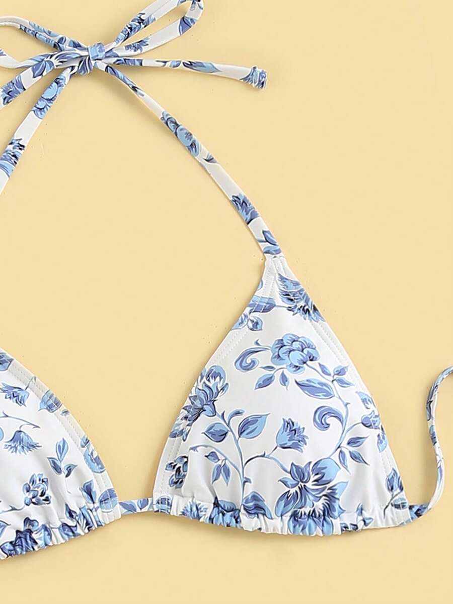 Women's 3-Piece Shell Print Bikini Set - V-Neck Halter, Triangle, Side Tie Skirt, Multicolor