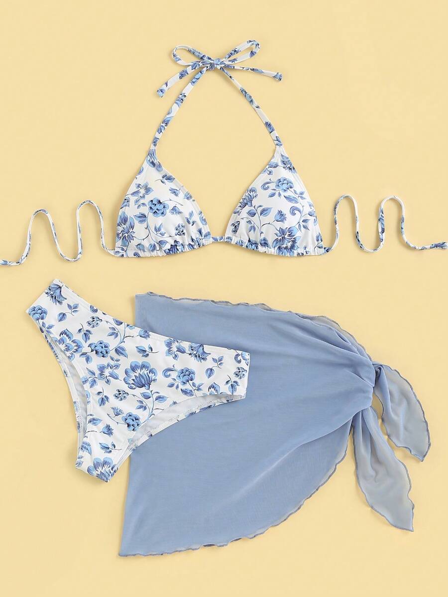 Women's 3-Piece Shell Print Bikini Set - V-Neck Halter, Triangle, Side Tie Skirt, Multicolor