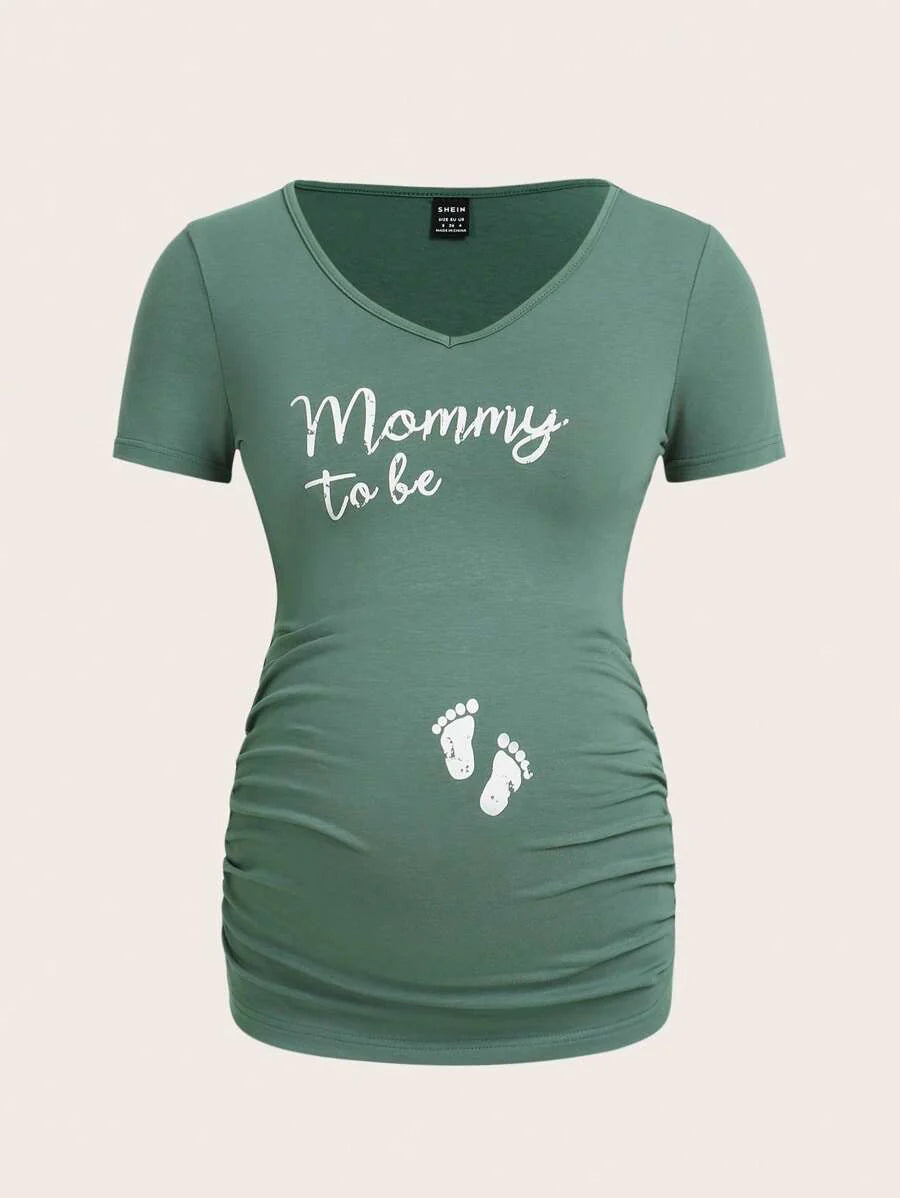 Baby Pink Maternity Ruched Graphic Crop Tee Slim Fit V Neck Cotton Short Sleeve Cartoon Print Pregnancy T Shirt
