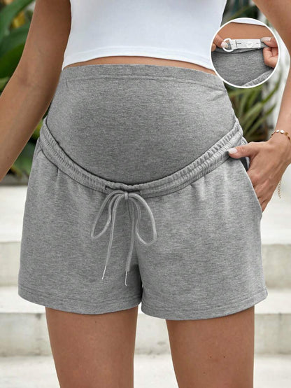Maternity Drawstring Elastic Waist Track Shorts - Light Grey Casual Mid Rise Knit Lounge Shorts with Slant Pockets