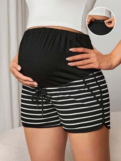 Maternity Striped High Waist Knitted Track Shorts with Adjustable Drawstring and Button Detail in Black