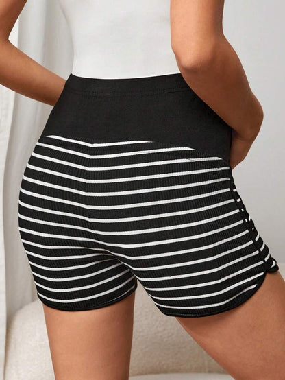 Maternity Striped High Waist Knitted Track Shorts with Adjustable Drawstring and Button Detail in Black