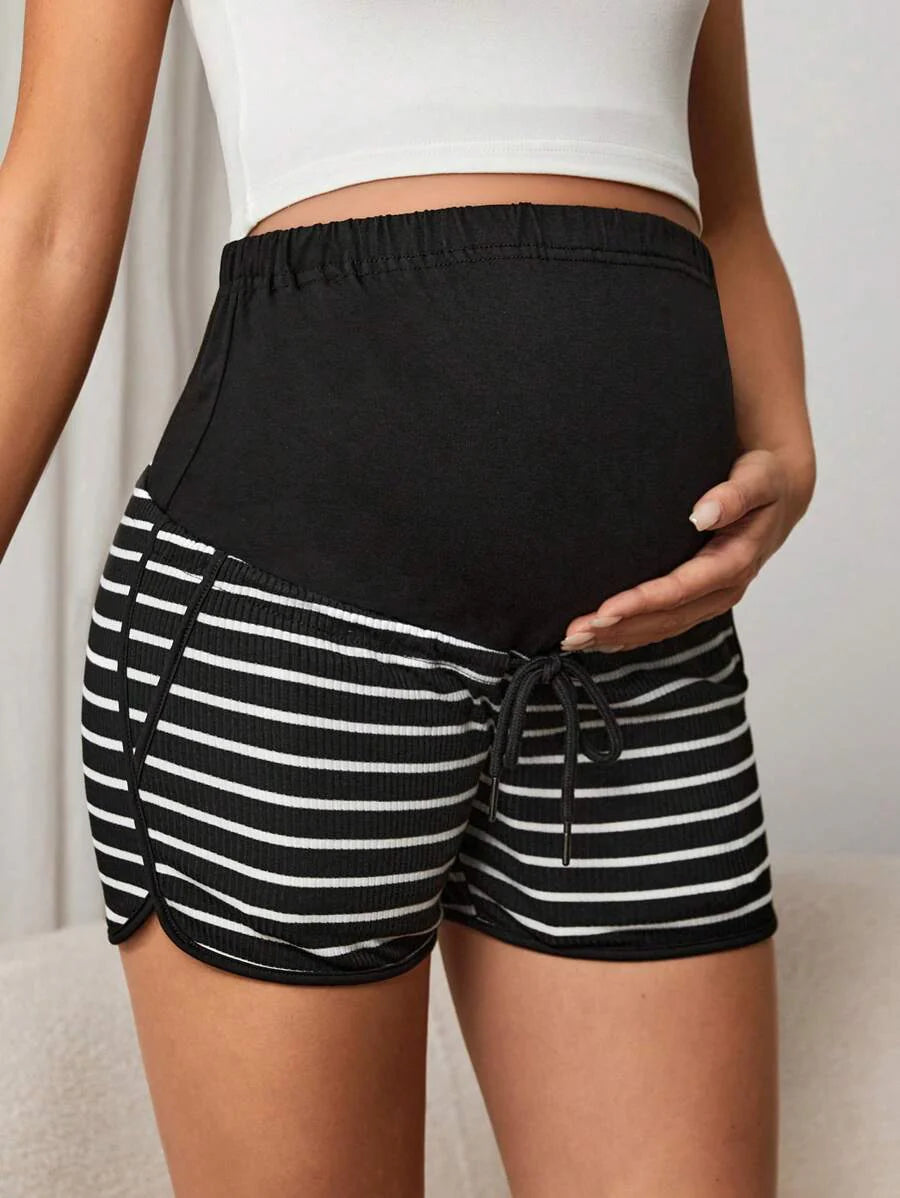 Maternity Striped High Waist Knitted Track Shorts with Adjustable Drawstring and Button Detail in Black